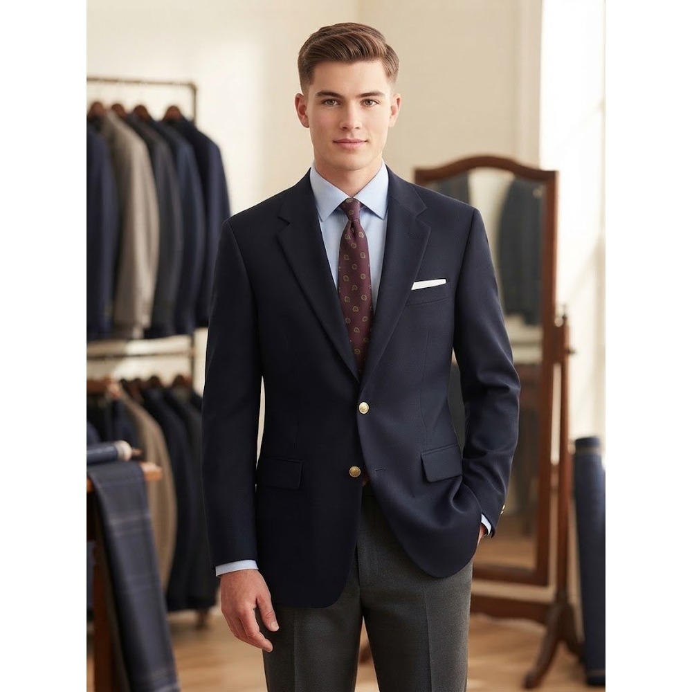 Tailors Row by Deansgate Blazer 43R Navy Blue Worsted Wool Gold Button Coat VTG